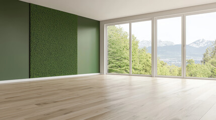 Fototapeta premium spacious modern living room featuring vertical green wall, large windows, and beautiful view of nature