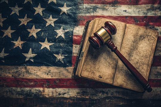 Gavel on old book American flag background justice law constitution