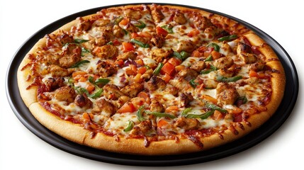 A delicious chicken pizza with melted cheese on a black plate, presenting a savory and satisfying meal.
