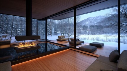 Modern winter home with fireplace and snowy mountain views