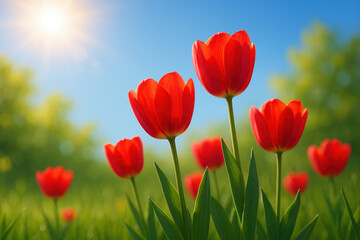 Fototapeta premium Red Tulips Blooming in Spring Sunshine – Vibrant Floral Nature Background