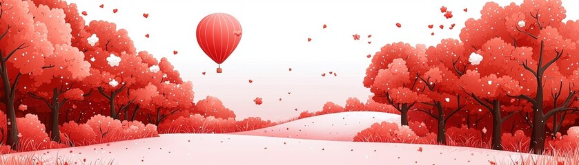 Fototapeta premium Vibrant Red Trees with Hot Air Balloon in a Dreamy Landscape in Shades of Pink and Red