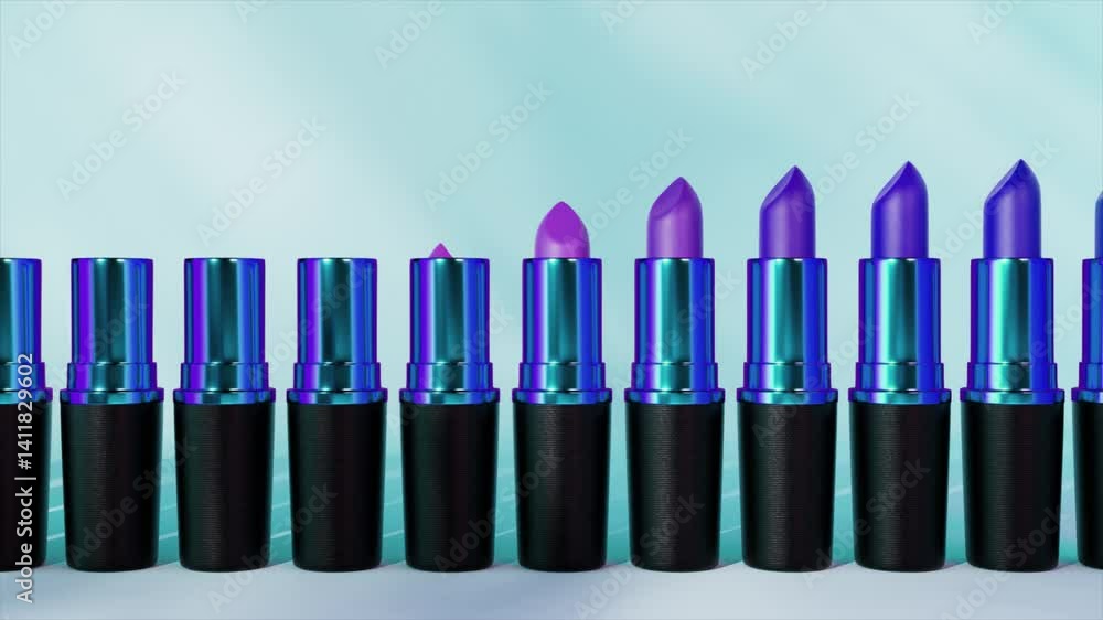 Poster multiple lipsticks, isolated on a turquoise background, gradually change color from light pink to da