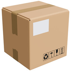 Cardboard shipping box with packaging symbols and adhesive tape. Render of delivery box with signs fragile, way up, keep dry, recyclable. Cargo box sealed and ready to ship. Isolated 3d illustration