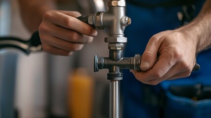 Plumber replacing water valve in kitchen. Indoor kitchen renovation site