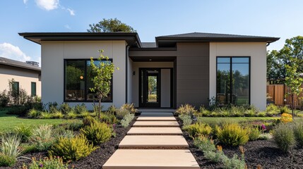 Modern House Exterior with Garden Path and Sunlight in Bright Blue Sky on a Clear Day