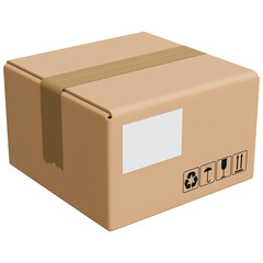 Cardboard shipping box with packaging symbols and adhesive tape. Render of delivery box with signs fragile, way up, keep dry, recyclable. Cargo box sealed and ready to ship. Isolated 3d illustration