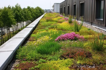Green Roof with Wildflowers A building roof densely planted with wildflowers and succulents under midday light