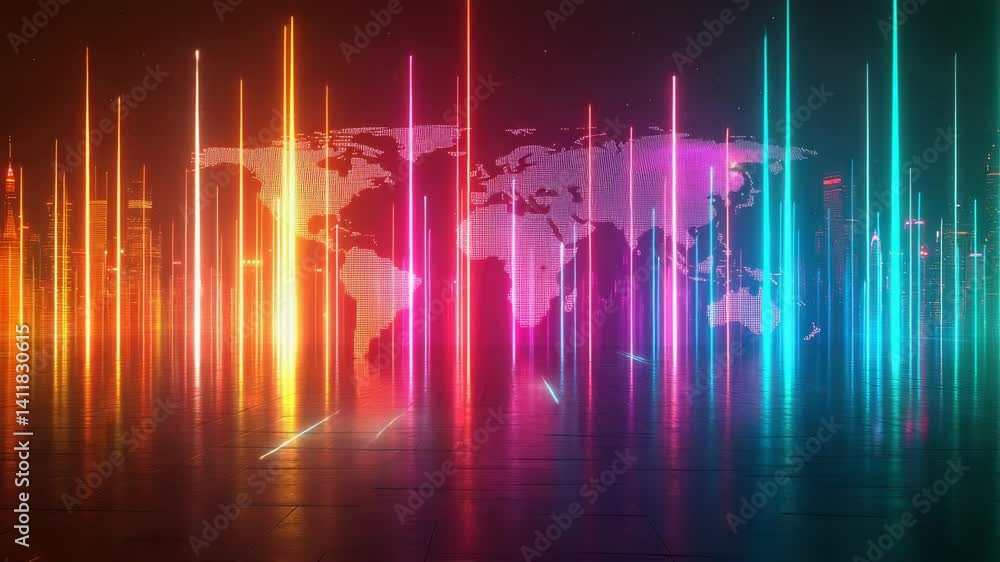 Poster glowing network of interconnected points forming a world map, with radiant light trails symbolizing 