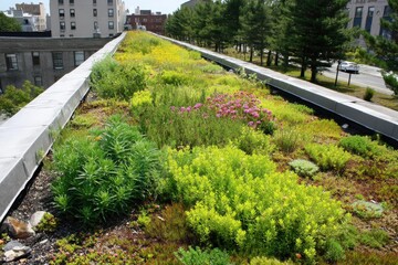 Fototapeta premium Green Roof with Wildflowers A building roof densely planted with wildflowers and succulents under midday light