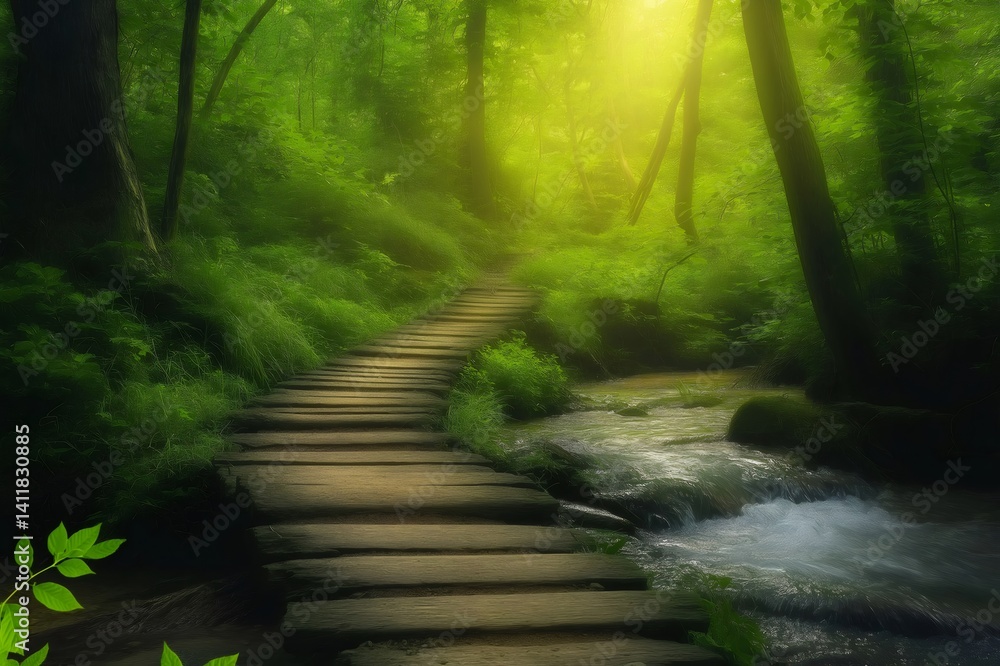 Poster sunlight filters through trees illuminating a wooden path crossing a small stream in a lush green fo