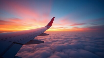 Obraz premium Airplane Wing Above Sunset Cloudscape: Serene Aerial Vista