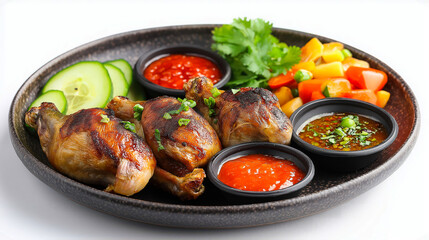 Fototapeta premium Grilled chicken drumsticks served with sauces salad and cucumbers on a black plate garnished nicely