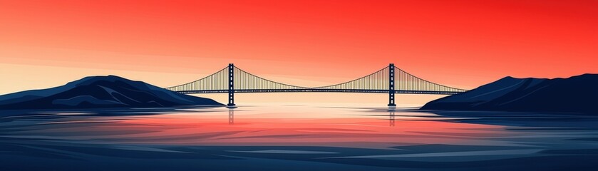 Dramatic Sunset Over Bridge With Silhouetted Mountains and Calm Water Reflection