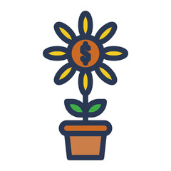 Money tree Icon in Flat Outline Style. Color Fill Outline