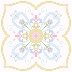 Hand draw pastel tile, isolated on colored background. Italian, Spanish motives, floral element.