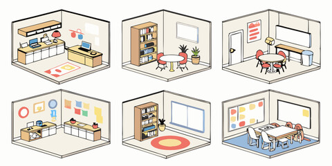 Isometric Cartoon Classroom Office Rooms