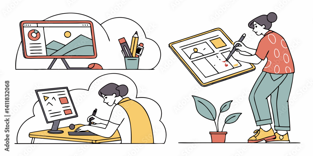 Poster digital art design vector illustration people working on computers and drawing tablets for creative 