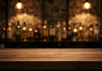 Real photographs material of rustic wooden bar countertop with a warm, background, ambient background of blurred bottles,drink, wood, background, table, wooden, wallpaper