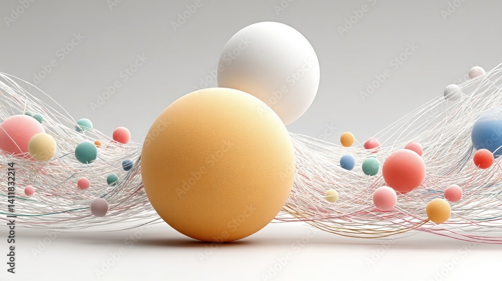 Poster abstract composition of colorful spheres with flowing lines on a light background