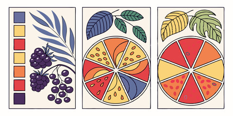 Vintage Art Deco Fruit Berry Leaf Color Palette Art
