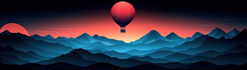 Fototapeta premium Hot Air Balloon Floating Over Majestic Mountains at Sunset with Vibrant Colors and Scenic View