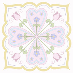 Hand draw pastel tile, isolated on colored background. Italian, Spanish motives, floral element.