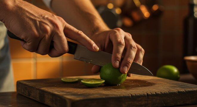 Masterful Hands: Slicing Limes with Precision on Rustic Wood