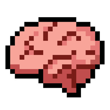 Pixelated illustration of a human brain in retro 8 bit style. Represents thinking, intelligence, creativity, mental health, and cognitive function. Perfect for mobile games, educational content