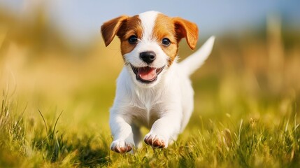 Happy puppy is running toward the camera on green grass