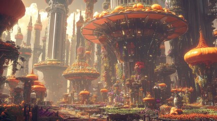 A vibrant, fantastical city brimming with pumpkin-shaped structures.