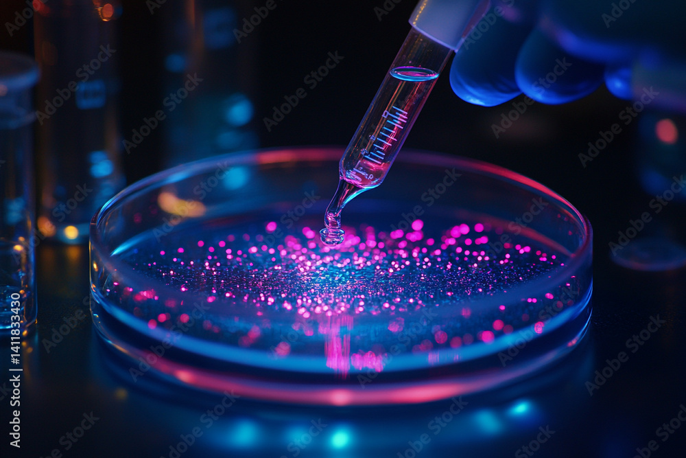Poster gloved hand using a pipette to add liquid to a petri dish filled with glowing pink particles in a da
