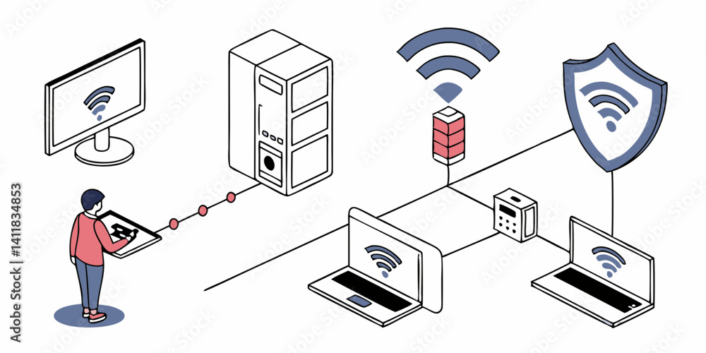 Poster secure wireless & wired computer network isometric illustration with devices & internet connection