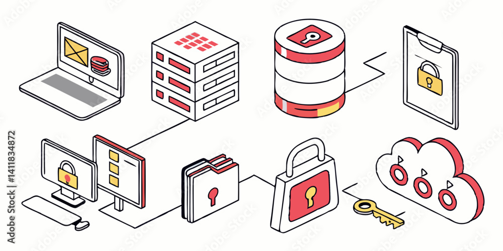 Poster digital network security isometric line art: red white padlock key cloud server database