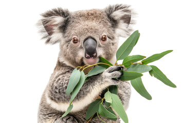 Obraz premium Playful koala curiously munches on fresh eucalyptus leaves against a bright background in a cozy setting isolated on transparent background