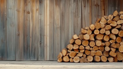 Woodpile Against Rustic Wooden Wall, Natural Textures and Warm Tones in a Cozy Environment