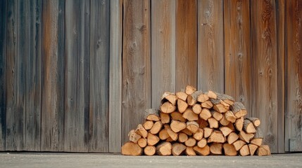 Pile of Freshly Cut Firewood Against Rustic Wooden Wall at Outdoor Setting