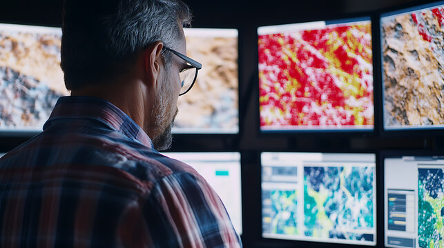 Satellite imaging analyst reviewing remote lithium deposit survey maps. Featuring advanced exploration
