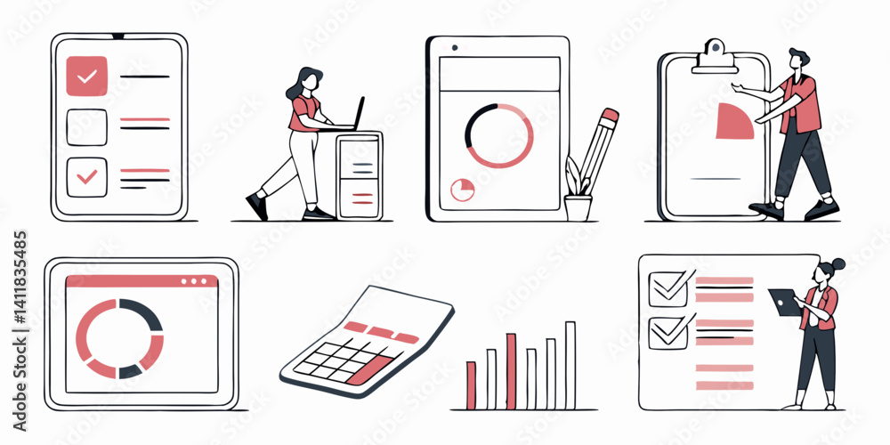 Poster business data analysis charts graphs checklists vector flat style line art illustrations