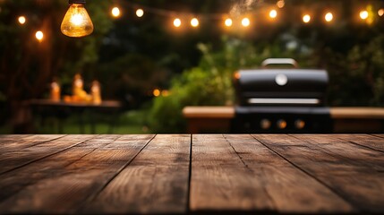 Rustic Wooden Table with Backyard BBQ, and Summer Night Lights.