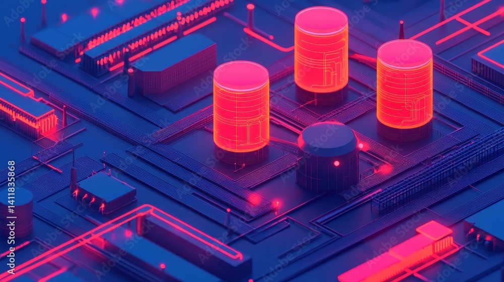 Poster futuristic data center with neon light effects and 3d data storage units on an electronic circuit bo