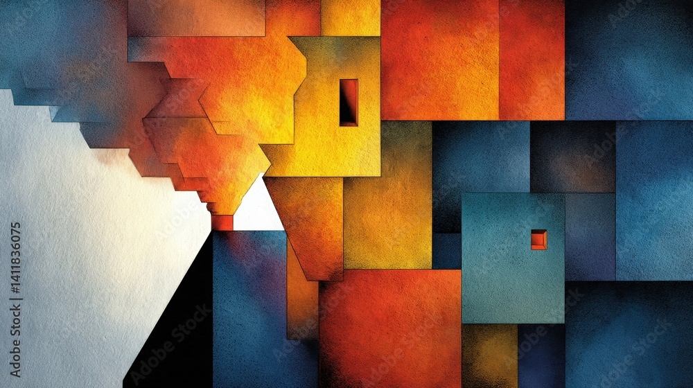 Poster abstract art with geometric shapes in bold colors and textured backgrounds