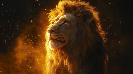 Naklejka premium Majestic lion in golden dust with fiery glow