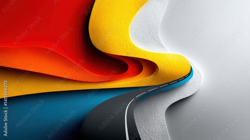 Poster colorful abstract design with curved shapes and road element creating unique visual perspective