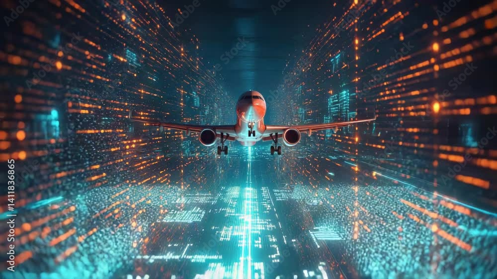 Poster airplane flying through illuminated data streams, representing a global logistics network, advanced 