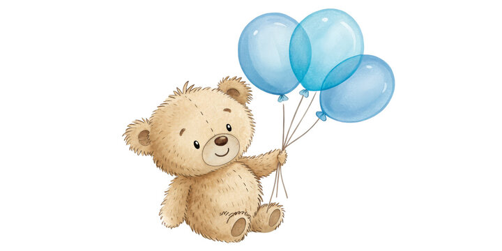 Naklejki Cute Teddy Bear with Blue Balloons, Watercolor Illustration Isolated on Transparent Background, Baby Shower Clipart, Baby shower, teddy bear, watercolor