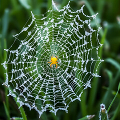 Naklejka premium little icy spiderweb outdoorsa with yellow spider on it in chilly autumn weather