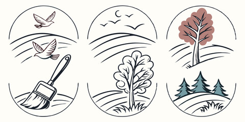 Circular Line Art Landscape Icons: Doves, Trees, Paintbrush