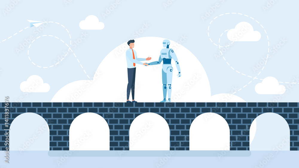 Poster businessman and a robot on bridge engaging in a handshake. intersection of human expertise and techn