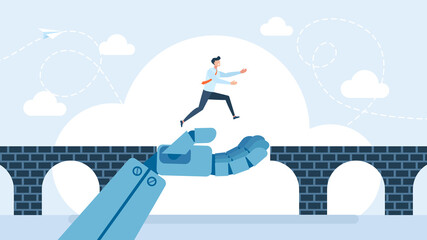 A big robot hand help business man cross problem gap. Support of AI to solve problem, chat bot with ai to help team success. Support with artificial intelligence, Working with AI. Flat illustration.